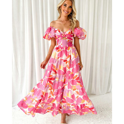 Women's V Neck Puff Short Sleeve Tiered Ruffle A-Line Summer Maxi Dress