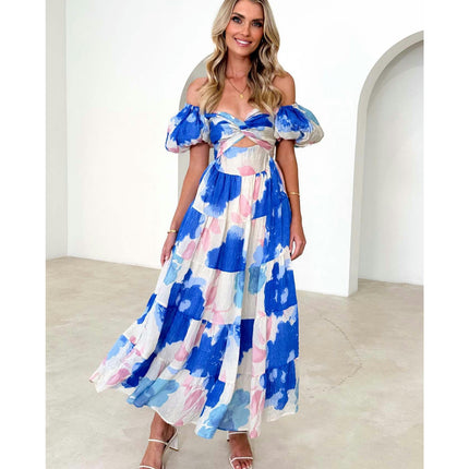 Women's V Neck Puff Short Sleeve Tiered Ruffle A-Line Summer Maxi Dress