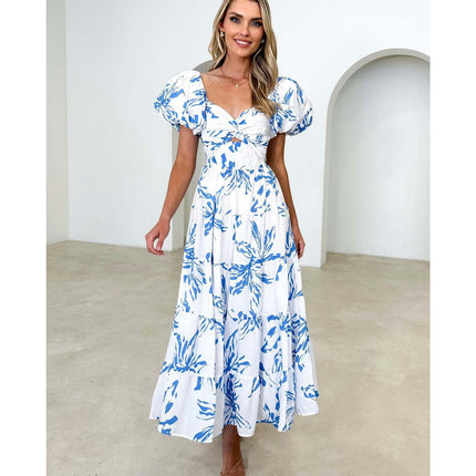 Women's V Neck Puff Short Sleeve Tiered Ruffle A-Line Summer Maxi Dress