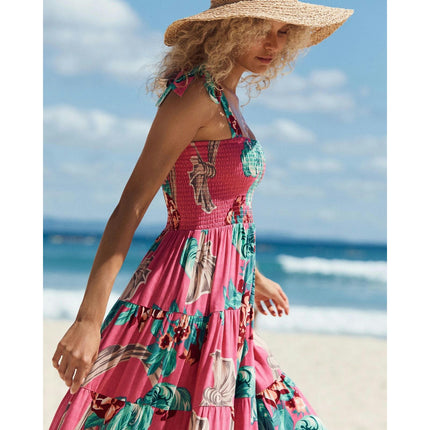 Women Spaghetti Strap Sleeveless Backless Tiered Ruffle A-Line Summer Maxi Dress