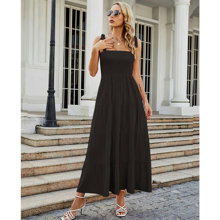 Women Spaghetti Strap Sleeveless Backless Tiered Ruffle A-Line Summer Maxi Dress