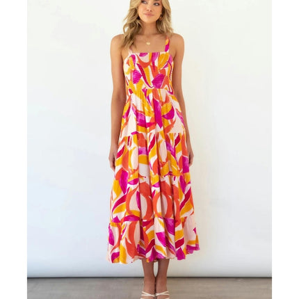 Women Spaghetti Strap Sleeveless Backless Tiered Ruffle A-Line Summer Maxi Dress