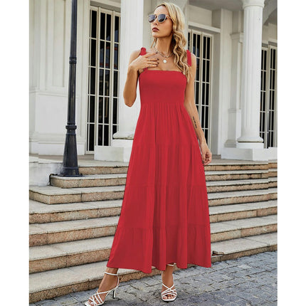 Women Spaghetti Strap Sleeveless Backless Tiered Ruffle A-Line Summer Maxi Dress