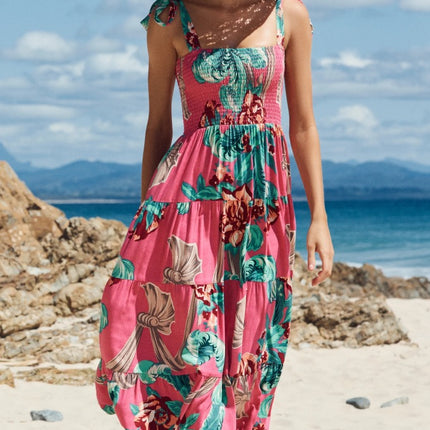 Women Spaghetti Strap Sleeveless Backless Tiered Ruffle A-Line Summer Maxi Dress