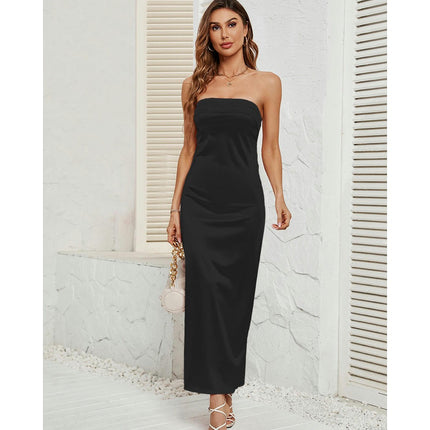 Women Satin Tube Dress Strapless Bodycon Summer Bandeau Long Dress