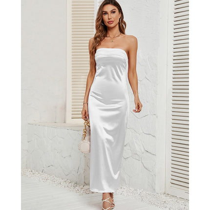 Women Satin Tube Dress Strapless Bodycon Summer Bandeau Long Dress