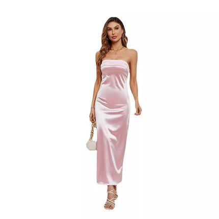 Women Satin Tube Dress Strapless Bodycon Summer Bandeau Long Dress