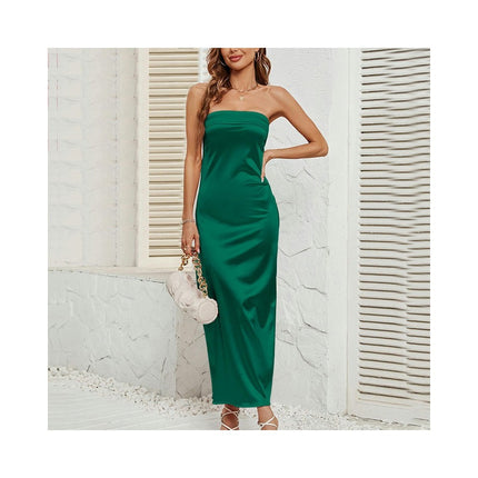 Women Satin Tube Dress Strapless Bodycon Summer Bandeau Long Dress