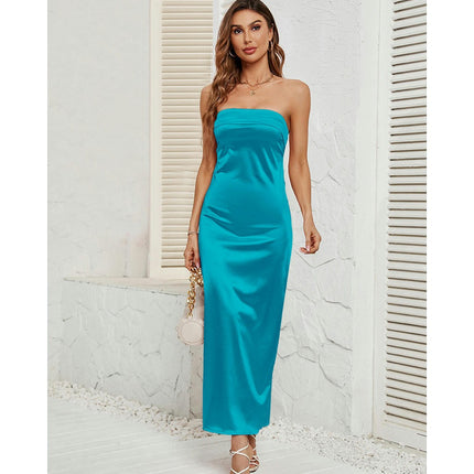 Women Satin Tube Dress Strapless Bodycon Summer Bandeau Long Dress