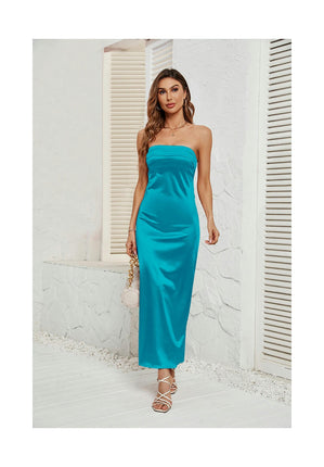 Women Satin Tube Dress Strapless Bodycon Summer Bandeau Long Dress