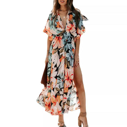 Women's Deep V Neck Short Sleeve Long Dresses High Waist Slit Beach Maxi Dress