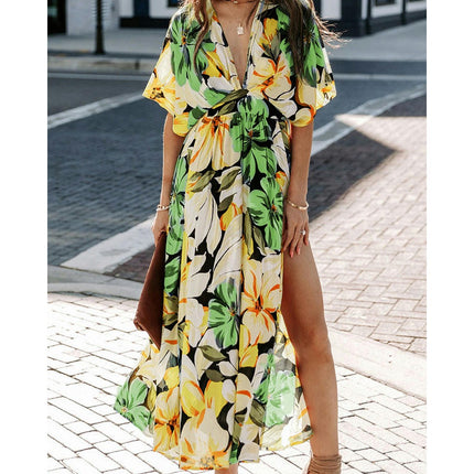 Women's Deep V Neck Short Sleeve Long Dresses High Waist Slit Beach Maxi Dress