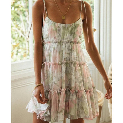 Womens Spaghetti Strap Sleeveless Tiered Ruffles Floral Print Swing Mini Dress