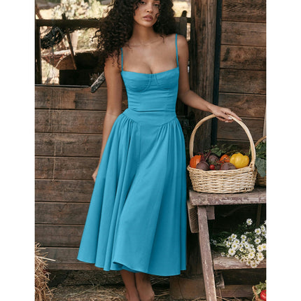 Women Low Cut Sleeveless Corset Spaghetti Strap Flowy A-Line Midi Dress