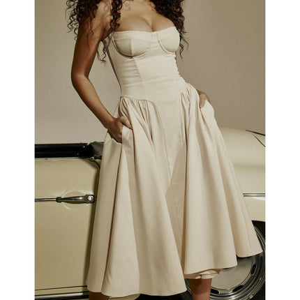 Women Low Cut Sleeveless Corset Spaghetti Strap Flowy A-Line Midi Dress