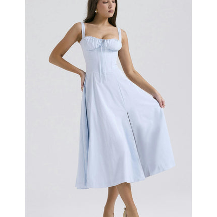 Women Spaghetti Strap Low Cut Corset Sleeveless Flowy A-Line Summer Beach Dress