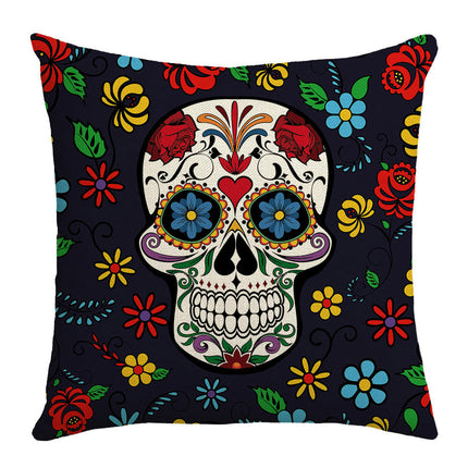 Skull Pillow Cover Halloween Throw Pillow Case Linen Square Cushion Decorative Cover for Sofa