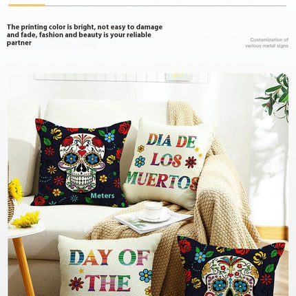 Skull Pillow Cover Halloween Throw Pillow Case Linen Square Cushion Decorative Cover for Sofa