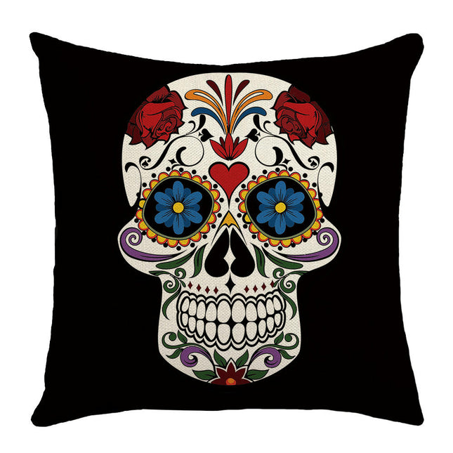 Skull Pillow Cover Halloween Throw Pillow Case Linen Square Cushion Decorative Cover for Sofa-A