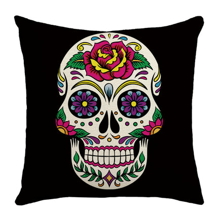 Skull Pillow Cover Halloween Throw Pillow Case Linen Square Cushion Decorative Cover for Sofa-A