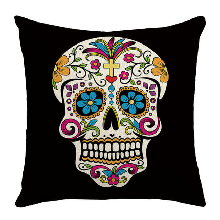 Skull Pillow Cover Halloween Throw Pillow Case Linen Square Cushion Decorative Cover for Sofa-A