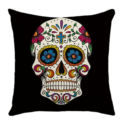 Skull Pillow Cover Halloween Throw Pillow Case Linen Square Cushion Decorative Cover for Sofa-A