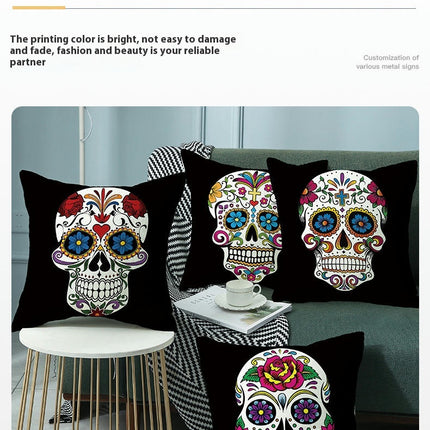 Skull Pillow Cover Halloween Throw Pillow Case Linen Square Cushion Decorative Cover for Sofa-A