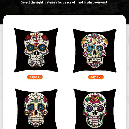 Skull Pillow Cover Halloween Throw Pillow Case Linen Square Cushion Decorative Cover for Sofa-A