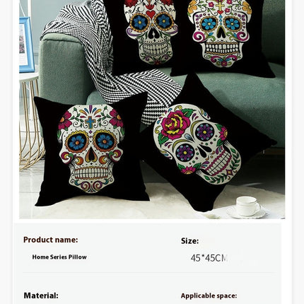 Skull Pillow Cover Halloween Throw Pillow Case Linen Square Cushion Decorative Cover for Sofa-A