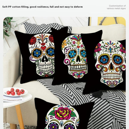 Skull Pillow Cover Halloween Throw Pillow Case Linen Square Cushion Decorative Cover for Sofa-A