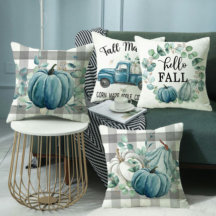 Throw Pillow Covers Blue Pumpkin Decorative Pillow Covers Autumn Linen Square Sofa Pillow Cases