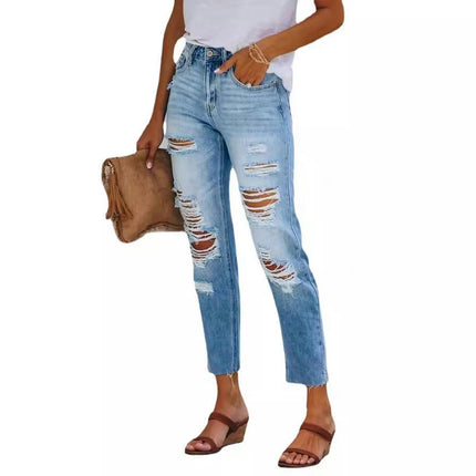 Women's Ripped Jeans Mid Waisted Distressed Boyfriend Denim Pants