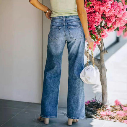 Women's Casual Mid Waisted Wide Leg Baggy Stretch Denim Jeans