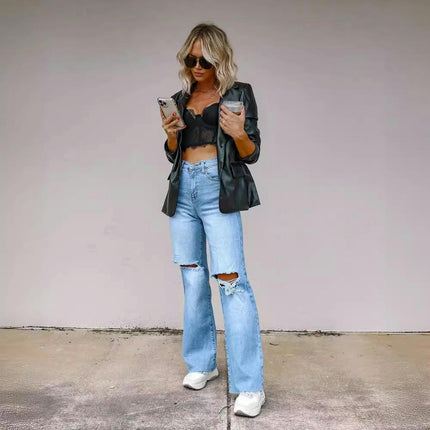 Women's Ripped High Waisted Jeans Wide Leg Destroyed Denim Pants