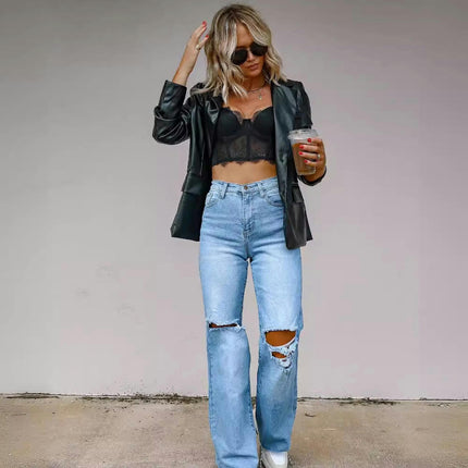 Women's Ripped High Waisted Jeans Wide Leg Destroyed Denim Pants