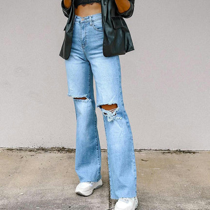 Women's Ripped High Waisted Jeans Wide Leg Destroyed Denim Pants