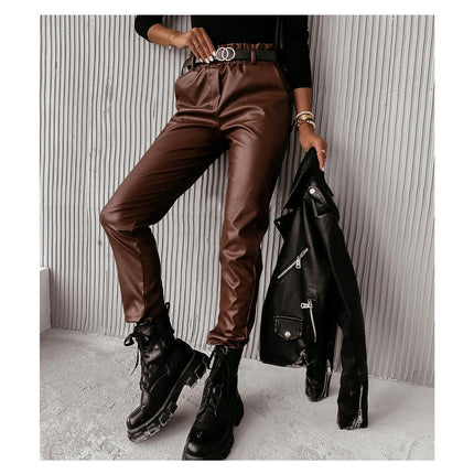 Leather Pants for Women Casual Elastic High Waist Tapered Leg Faux Leather Jogger Pants Trousers