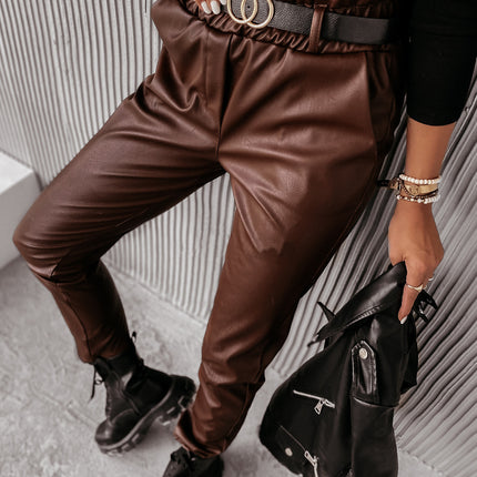 Leather Pants for Women Casual Elastic High Waist Tapered Leg Faux Leather Jogger Pants Trousers