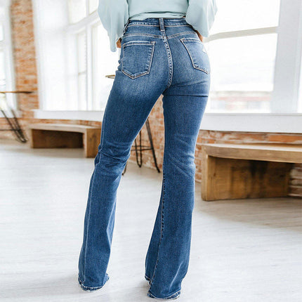 Women's Flared Bell Bottom Elastic High Waist Skinny Fit Denim Jeans