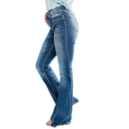 Women's Flared Bell Bottom Elastic High Waist Skinny Fit Denim Jeans