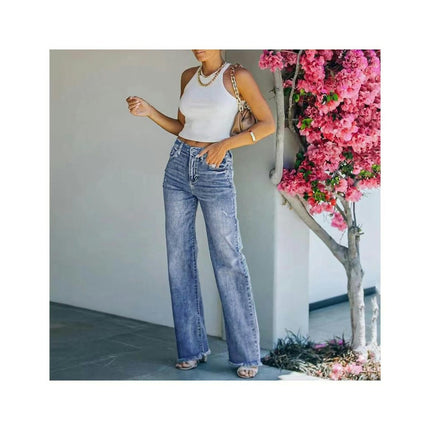 Women's Casual Raw Hem High Waisted Denim Pants Stretch Baggy Loose Wide Leg Jeans