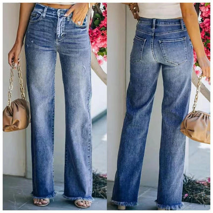 Women's Casual Raw Hem High Waisted Denim Pants Stretch Baggy Loose Wide Leg Jeans