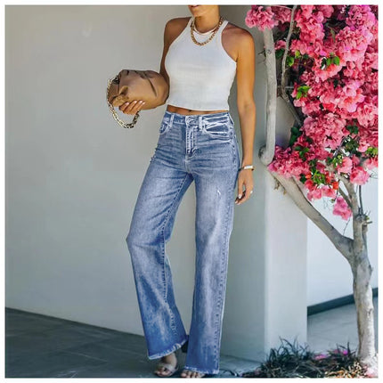 Women's Casual Raw Hem High Waisted Denim Pants Stretch Baggy Loose Wide Leg Jeans