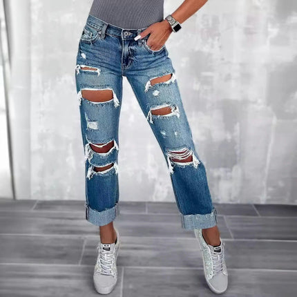 Women's Ripped Straight Leg Jeans High Waist Distressed Cutout Denim Pants