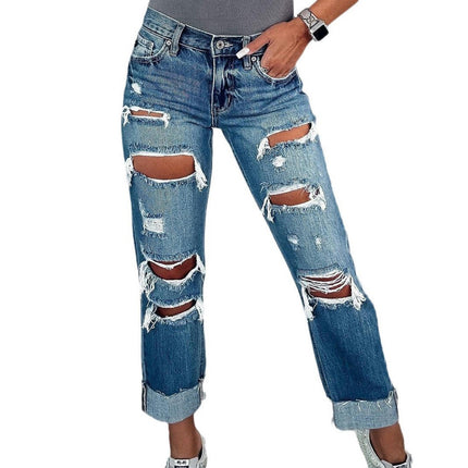 Women's Ripped Straight Leg Jeans High Waist Distressed Cutout Denim Pants