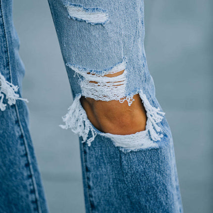 Women's Stretchy Ripped Jeans Straight Leg Distressed Raw Hem Denim Pants