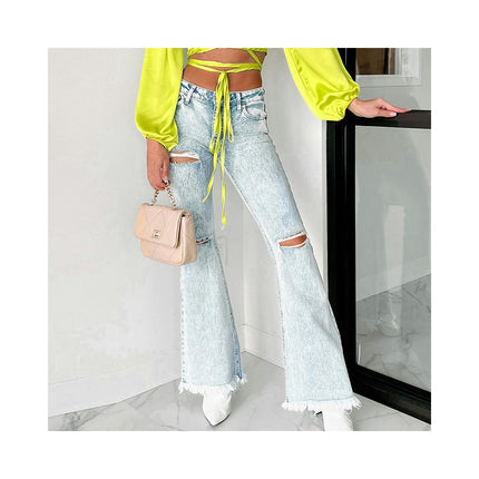 Flare Bell Bottom Jeans for Women Raw Hem High Waist Ripped Denim Pants