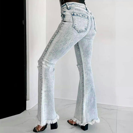 Flare Bell Bottom Jeans for Women Raw Hem High Waist Ripped Denim Pants