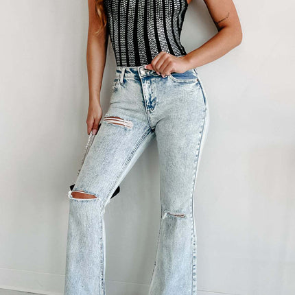 Flare Bell Bottom Jeans for Women Raw Hem High Waist Ripped Denim Pants