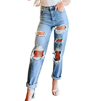 Women's High Waist Straight Leg Ripped Jeans Cut Out Distressed Denim Pants